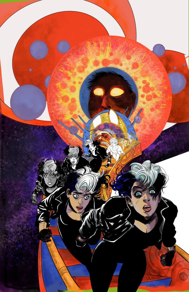 Comic book illustration featuring dynamic figures in motion with a surreal cosmic background, bold red and orange circular forms, and a looming figure with glowing eyes.